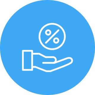 Hand holding a percentage symbol on blue background.
