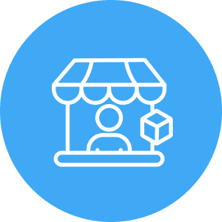 Icon of a vendor selling a cube-shaped product at a stall.