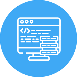 White coding interface icon on a blue circle background.