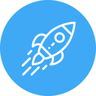White rocket icon blasting off on a blue background.